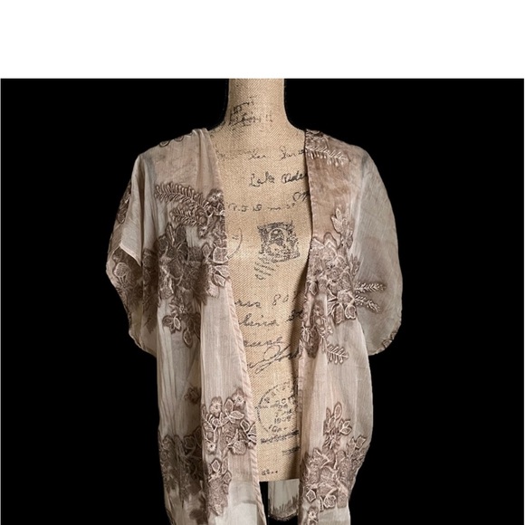 Calstyle Tan/Brown Sheer Coverup Embroidered Sz 2XL XC - Picture 5 of 8